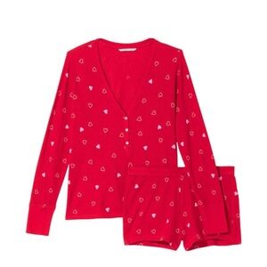 Victoria’s Secret Valentines Day Pajama Set Cotton Long Sleeve & Shorts Hearts